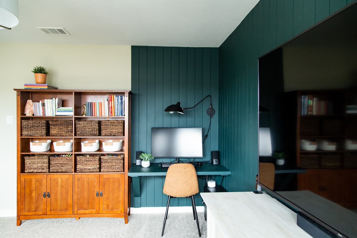 Corner of game room with a beautiful DIY floating wood desk