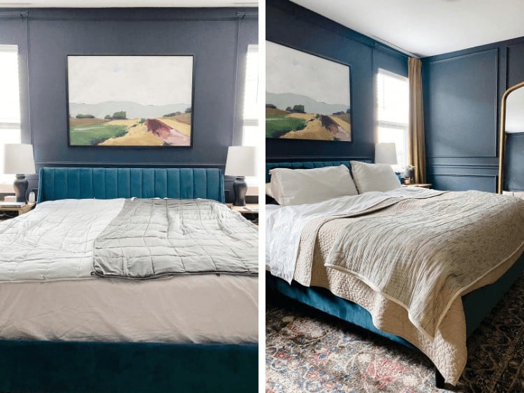 Side by side image of bed with weighted blankets and fully made