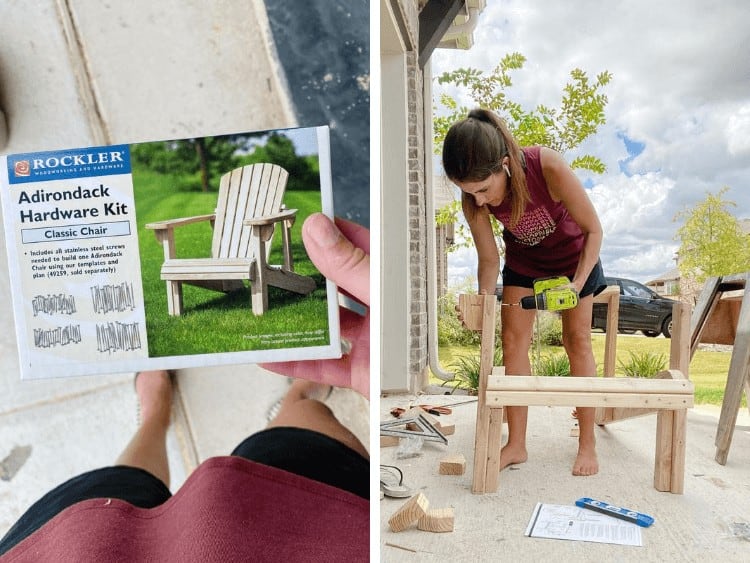 collage of two images - a hardware kit for an Adirondack chair and a woman assembling a chair 
