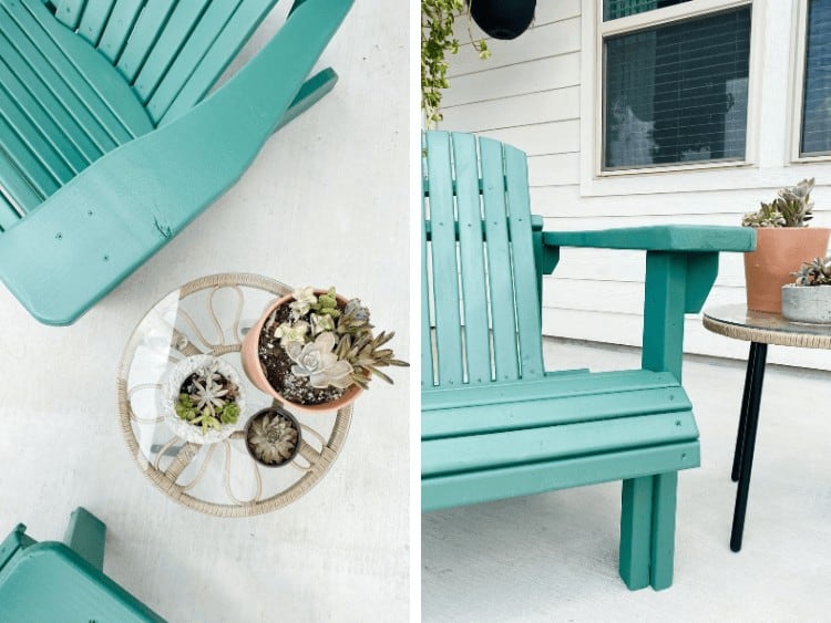 collage of two close up images of DIY Adirondack chairs 