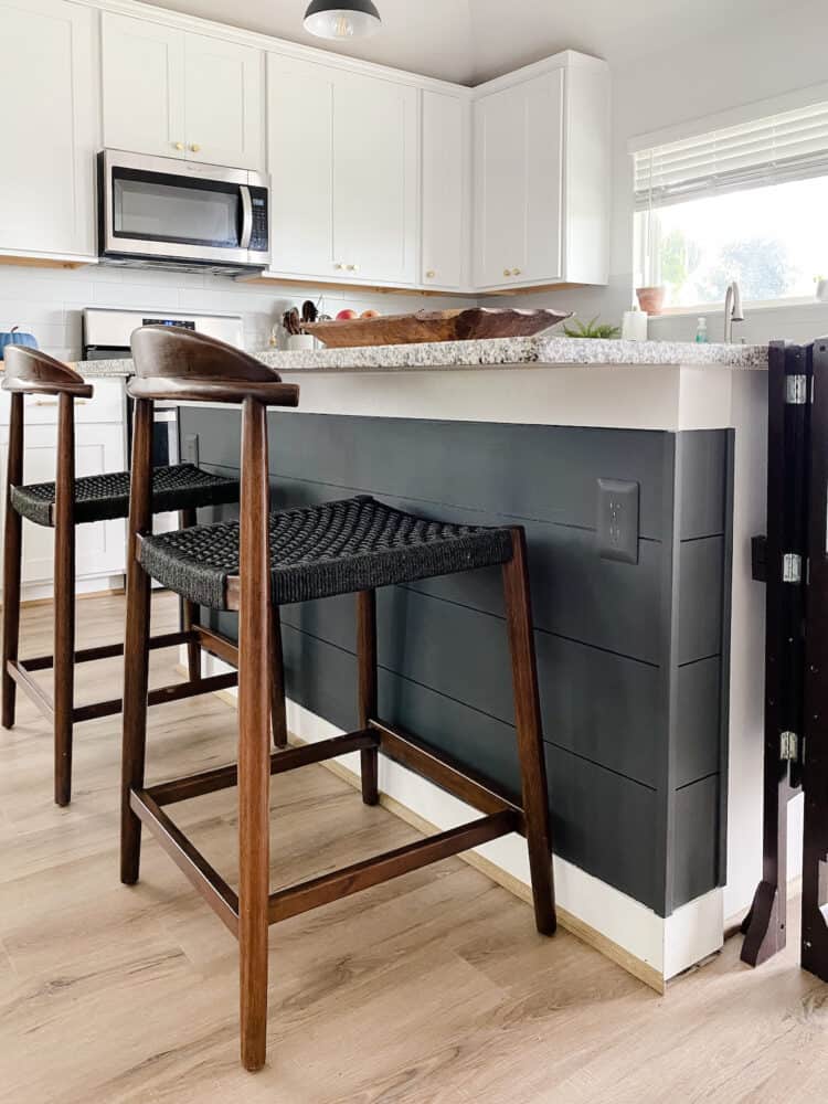 Carbon Copy by Behr kitchen island with paintable outlet covers 