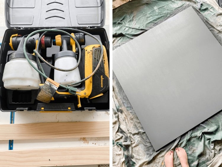 collage of two images - a close up of a paint sprayer, and a plywood sheet that has been painted dark gray