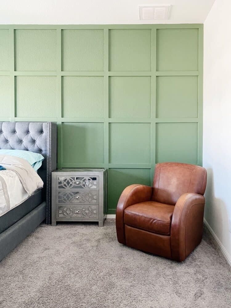 corner of a bedroom with a DIY grid accent wall 