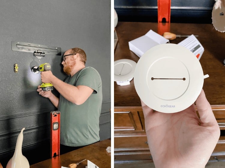 collage of two images of a cable routing system being installed to hide television cords