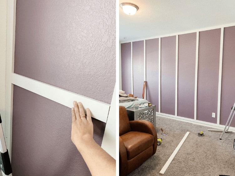 Two images - a close up of using a spacer to place trim boards and a view of an in-progress grid accent wall 