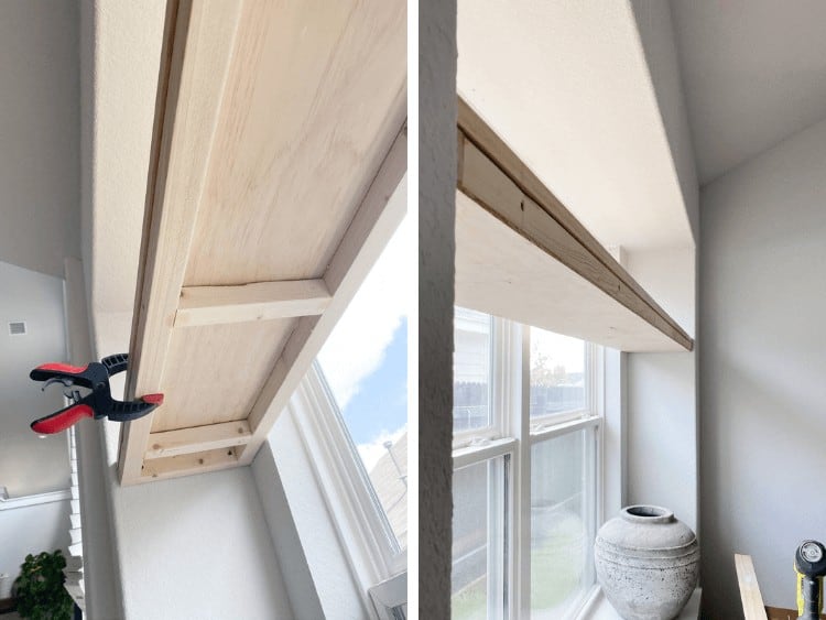 two side by side images of a DIY window plant shelf being installed 