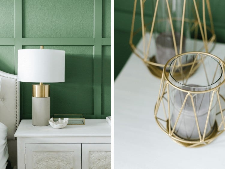 collage of two close up images of details in green and white master bedroom 