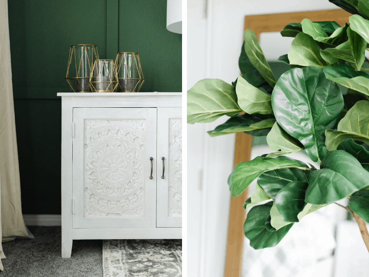 collage of a close up of nightstands from home depot and a faux fiddle leaf fig 