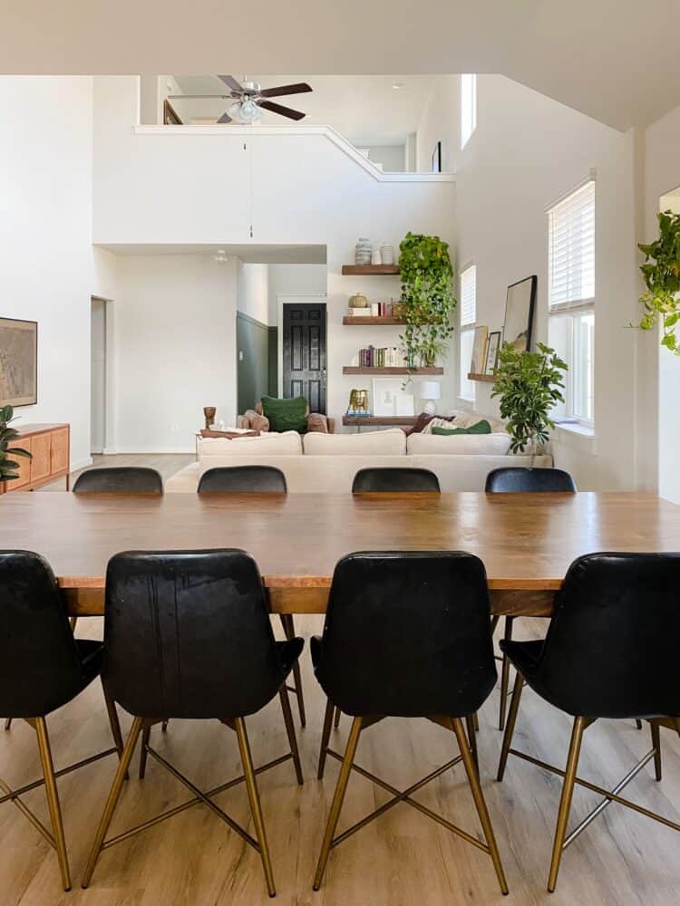 view from dining room into open living area 