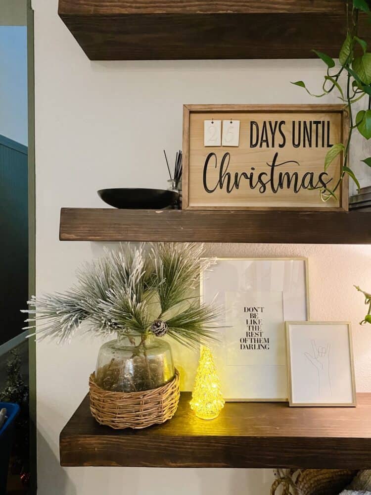floating shelves with a DIY Christmas countdown on the shelf 