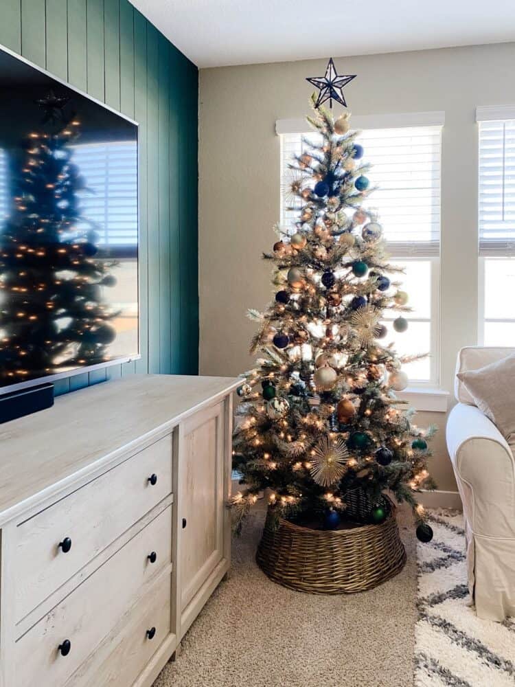 family room with jewel toned Christmas tree