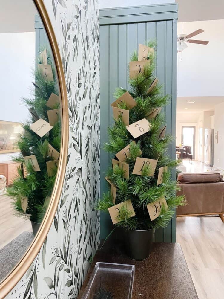 close up of small tabletop Christmas tree activity advent calendar 
