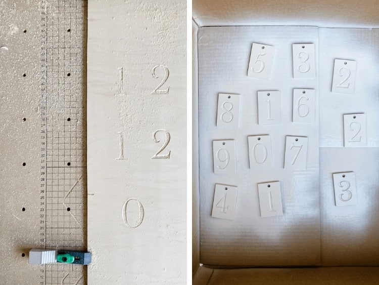 collage of two images of number tags being carved out for DIY Christmas countdown