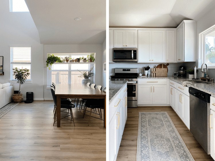 collage of a dining room with a large window and a white kitchen