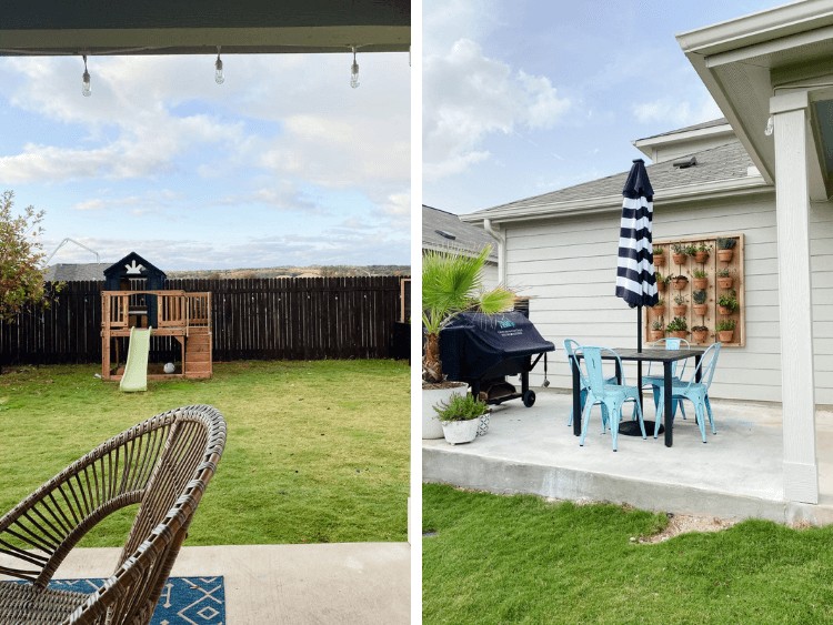 two images of small backyard