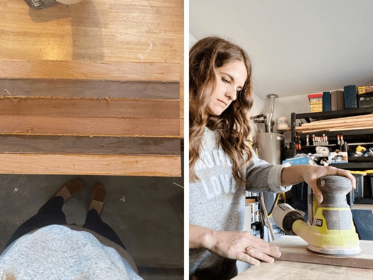 collage of cutting board before and during sanding step 