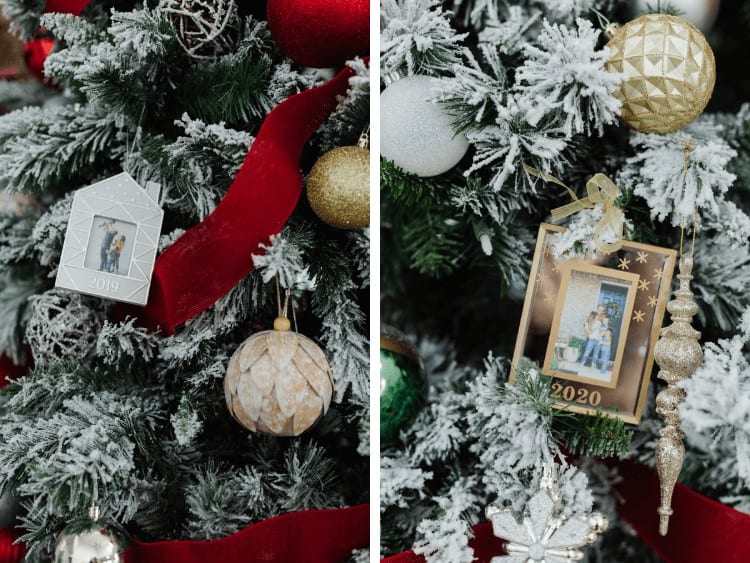 close up of yearly photo ornaments for Christmas tree 