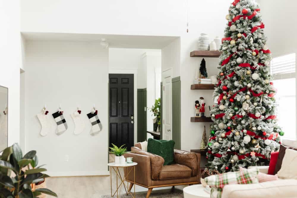 living room with 12-foot Christmas tree 