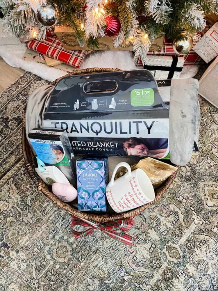 gift basket with weighted blanket and other relaxing items 