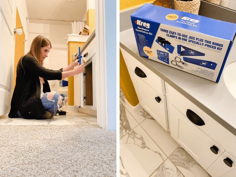 collage of two images of hardware on bathroom cabinets and Kreg hardware installation jig