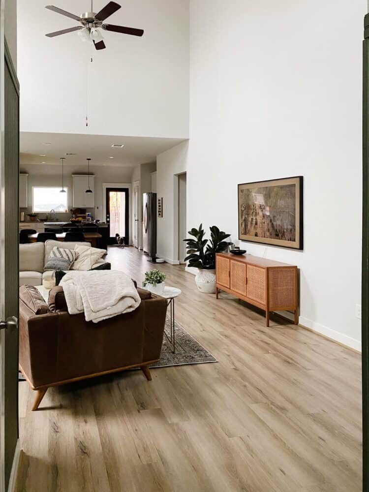 view of living room before fireplace 