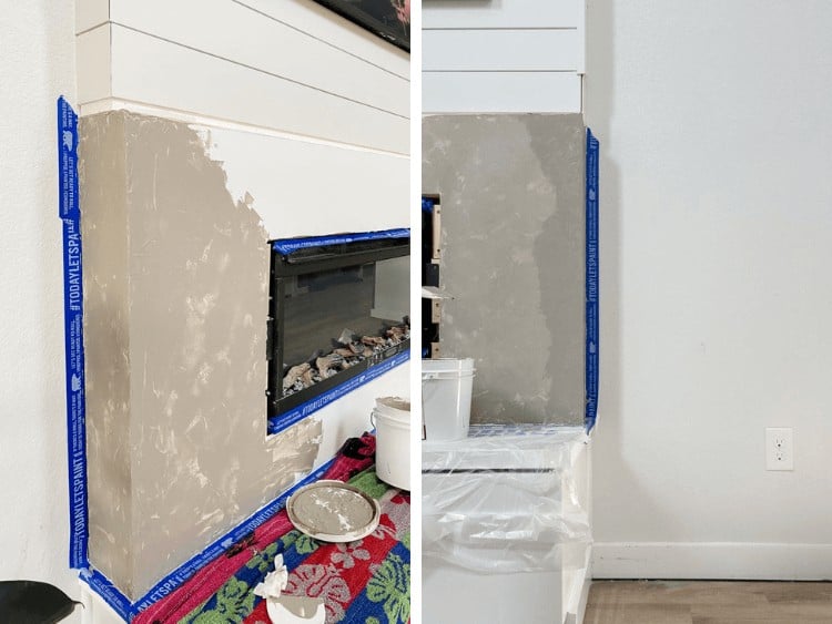 side by side images of first coat and second coat of Roman Clay fireplace 