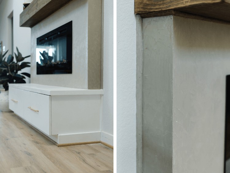 Side by side image of finishing details on built-in electric fireplace 