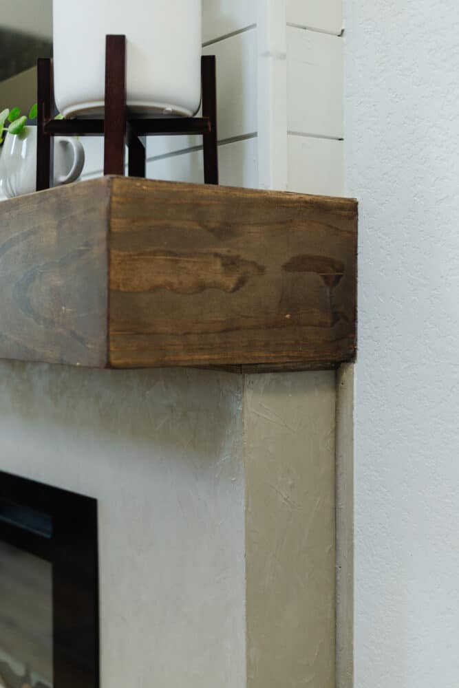 Close up of DIY wood mantel 