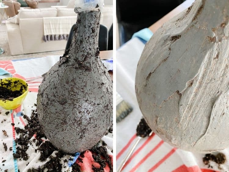 before and after of using dirt to age a lamp or vase 