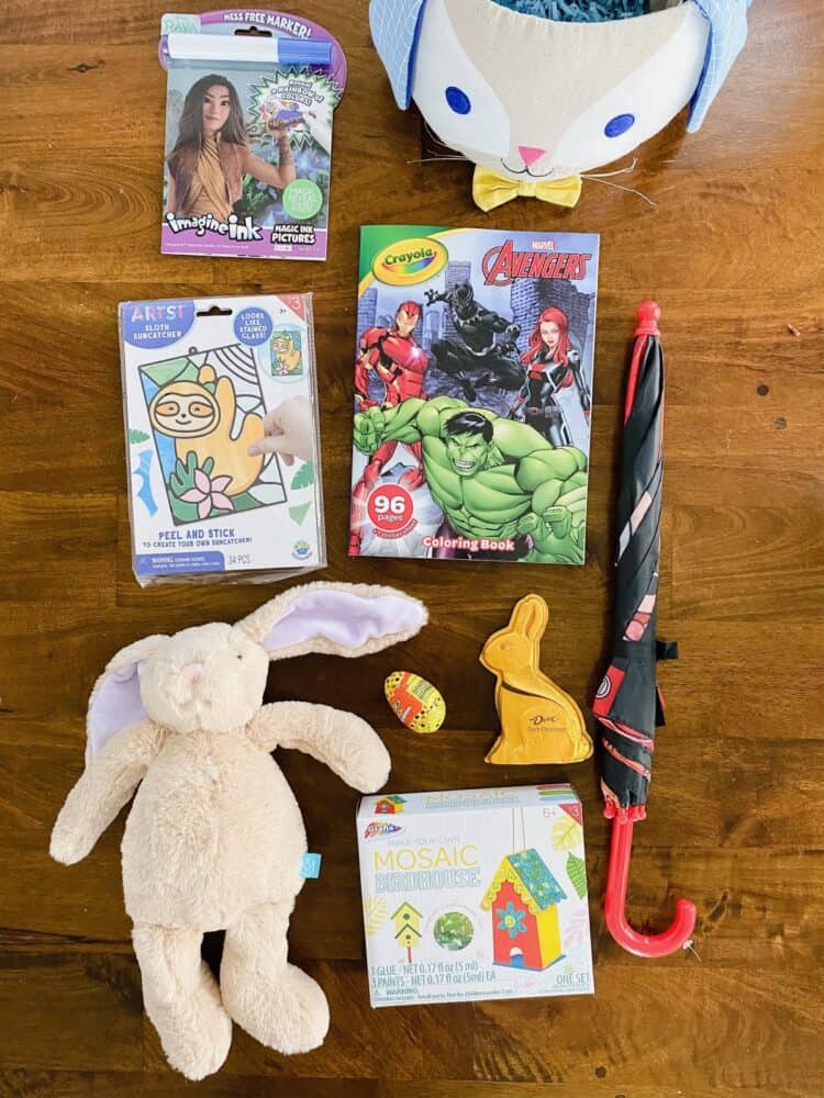 overhead shot of Easter basket fillers for a 7 year old boy