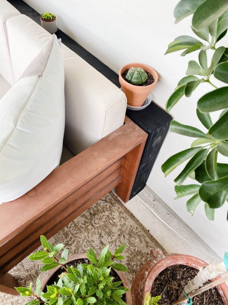 Close up of outdoor sofa table on patio