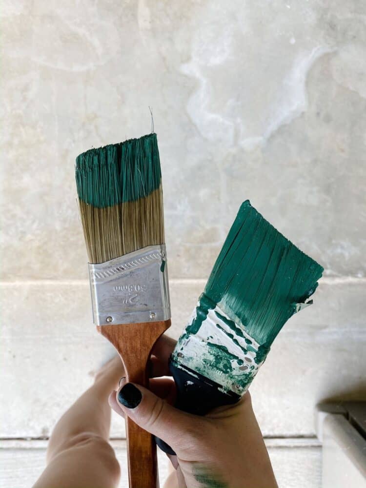 two paintbrushes, the one on the left has been properly loaded and the one on the right has too much paint 
