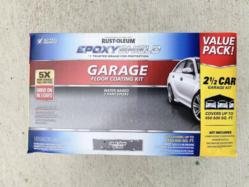 close up of packaging for Rust-Oleum epoxyshield garage floor coating