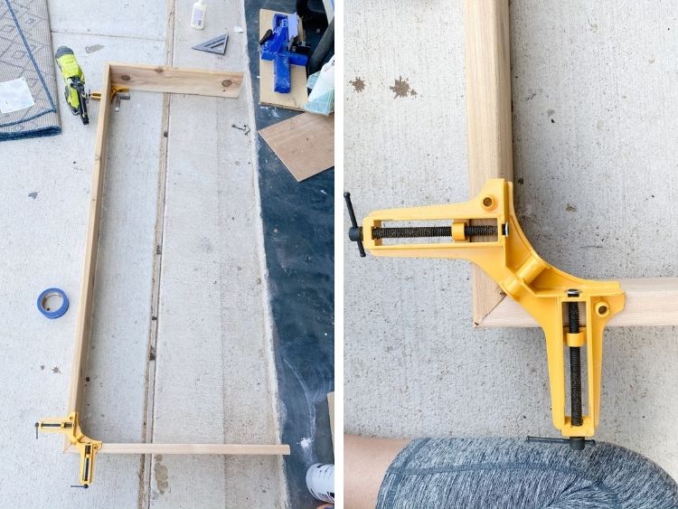 Two images of sofa table being built. The left image is of the sofa table assembled and drying, the right image is a close-up of a corner clamp in use