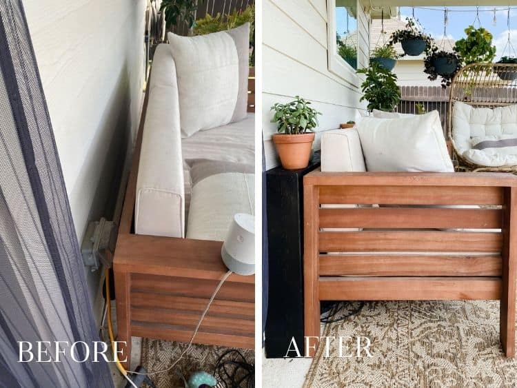 Before and after collage of outdoor sofa table 