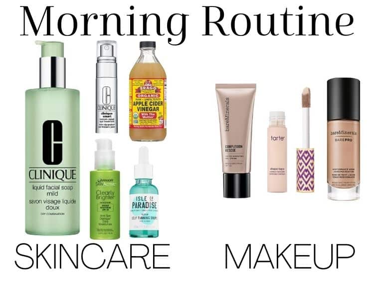collage of items from a skincare routine - items used in the morning