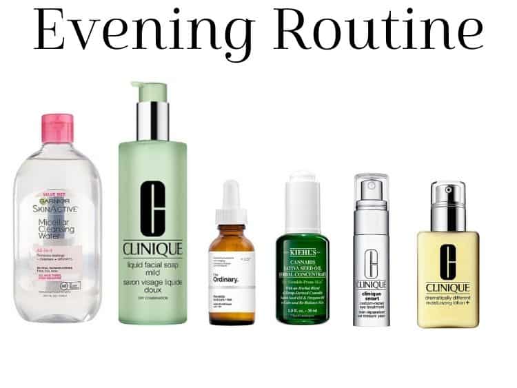 collage of evening skincare routine products