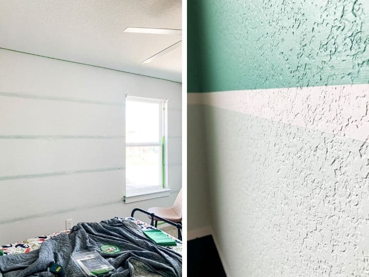 collage of close-up images of using painter's tape to paint stripes in a room 
