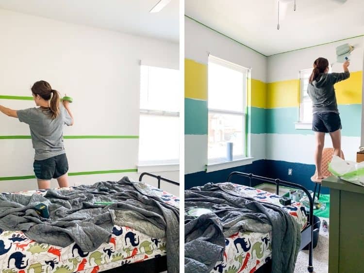 collage of two images of a woman working on painting stripes in a room using painter's tape