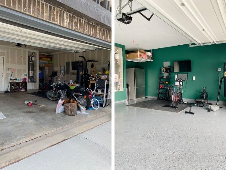 before and after of garage makeover with EpoxyShield flooring