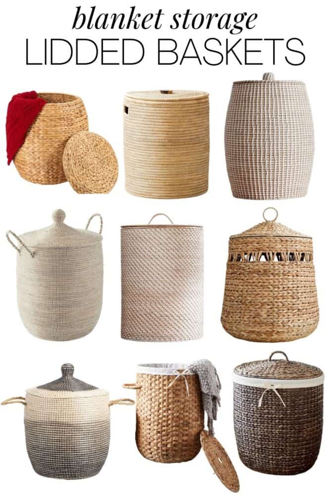 A collage of 9 different lidded baskets, perfect for storing a blanket 