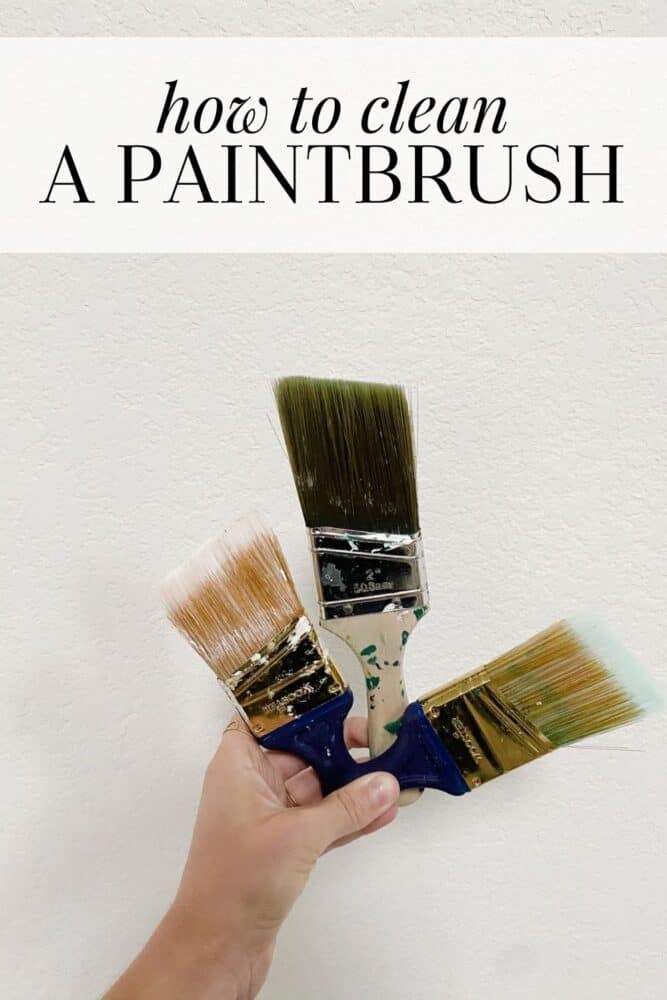 hand holding three paintbrushes with text overlay - how to clean a paintbrush