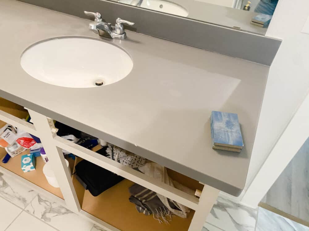 Bathroom vanity counter prepped and ready for epoxy paint 