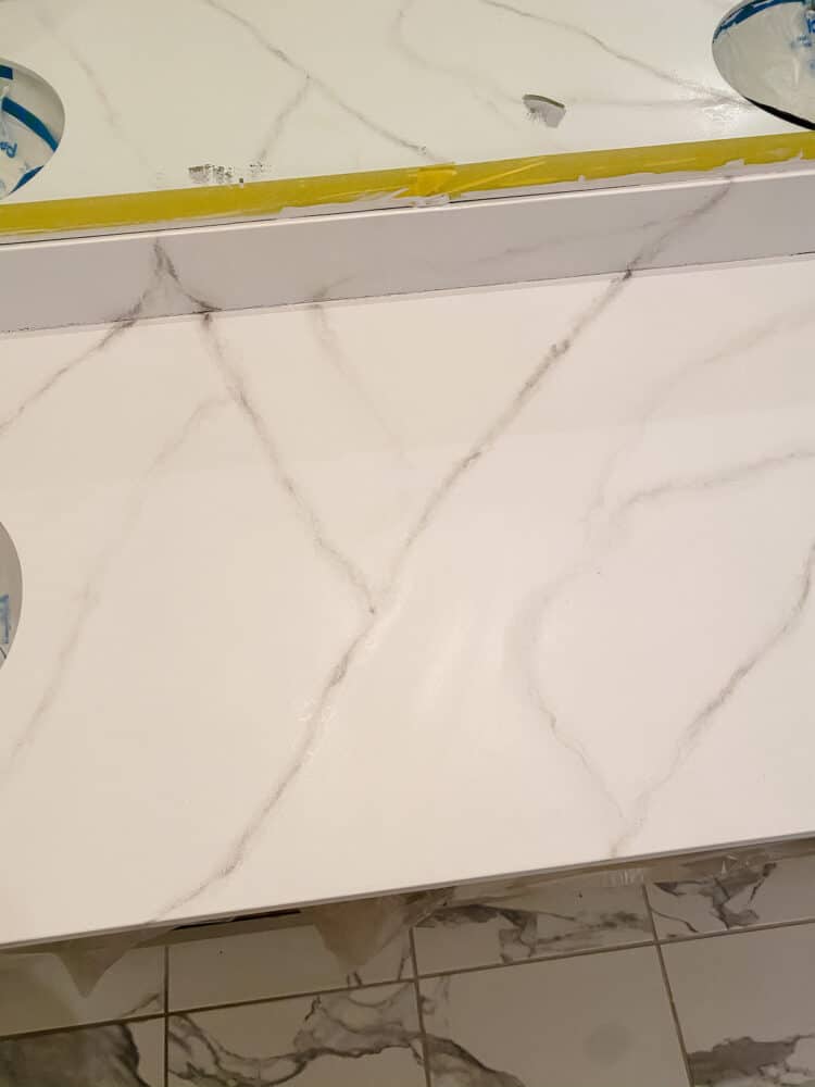 Close up of veining on DIY faux marble epoxy countertop