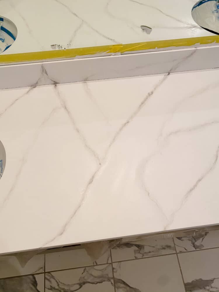 Close up of veining on DIY faux marble epoxy countertop
