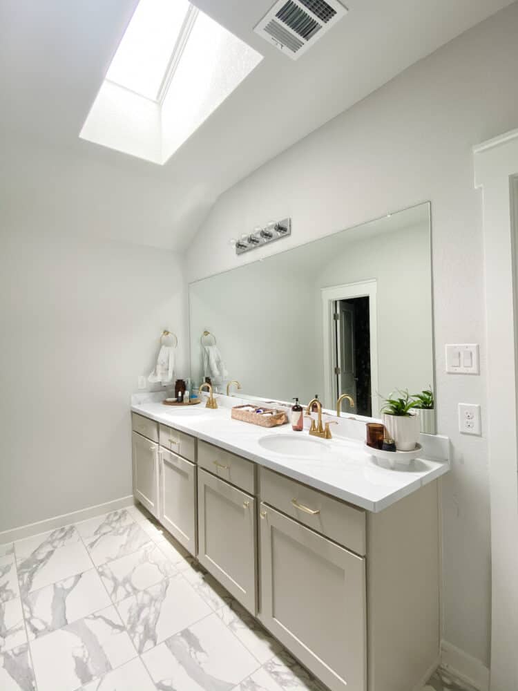 primary bathroom with neutral colors and a skylight 