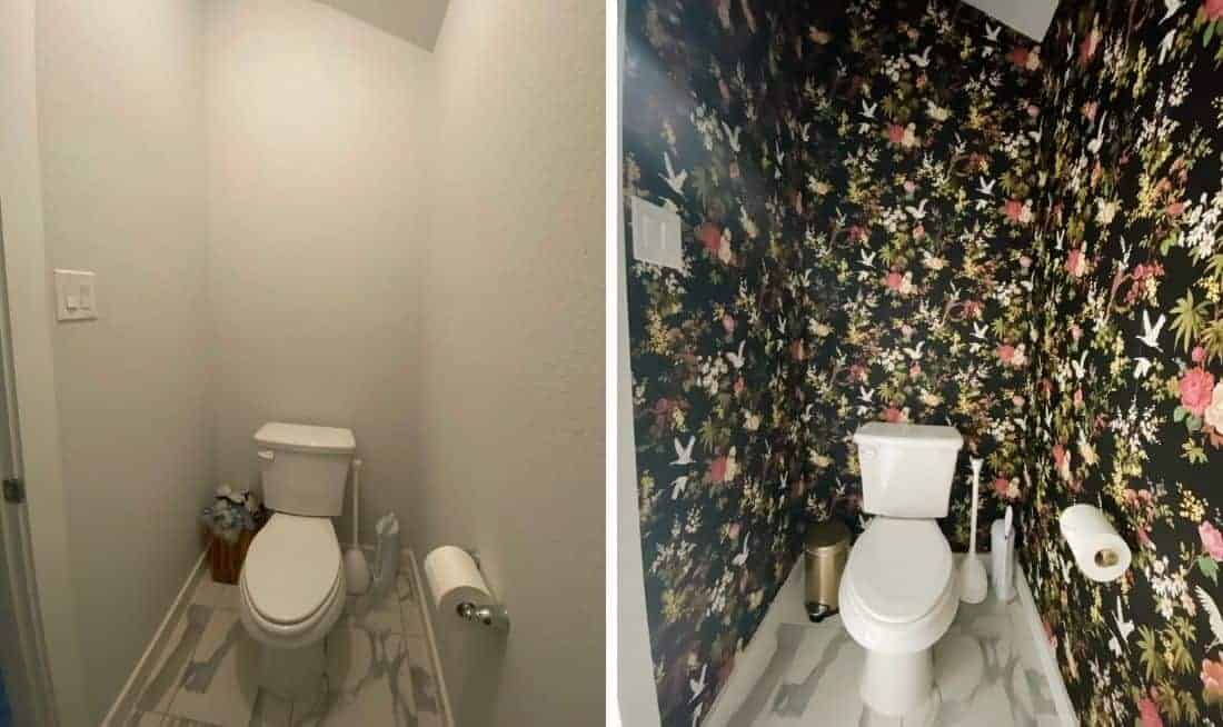 wide angle view of before and after of wallpapered toilet room 