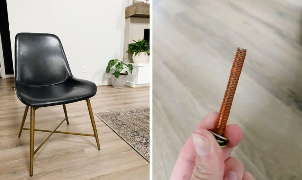 Collage of a leather dining chair and a screw with DAP Tank Bond Thread Stopper Tape