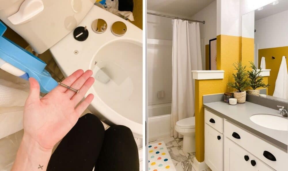 Collage of images. One shows a woman holding a screw over a toilet seat lid being fixed and the other is of a yellow and white bathroom 