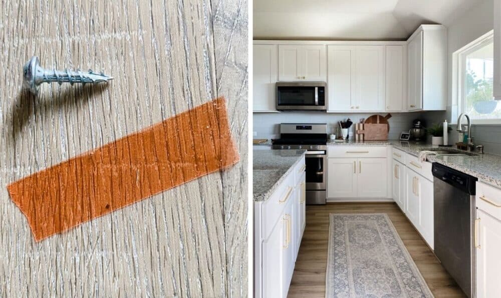 small screw next to thread stopper tape, with an image of kitchen cabinets 